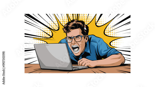 Shocked Man Looking at Laptop Screen with Yellow Explosion