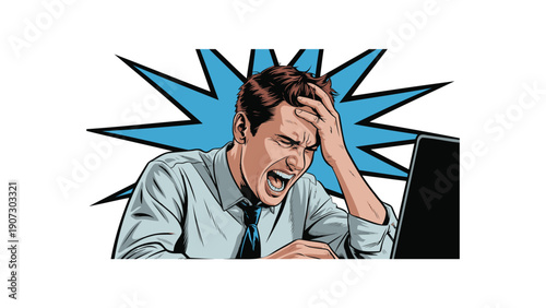 Frustrated Businessman at Computer with Comic Book Style Explosion