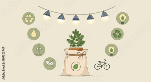 Small potted tree surrounded by various icons representing environmental sustainability concepts