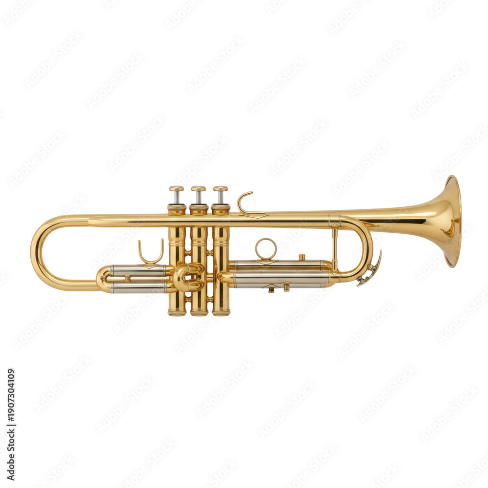 Obraz premium Golden brass trumpet, a classic musical wind instrument, isolated on a transparent background.