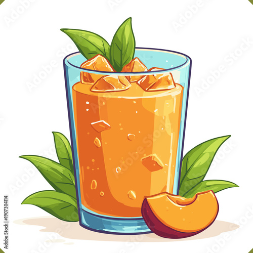 Vector illustration of mango lassi drink in glass with ice cubes, fresh mint leaves and mango slice, isolated on a white background. Sweet tropical beverage design