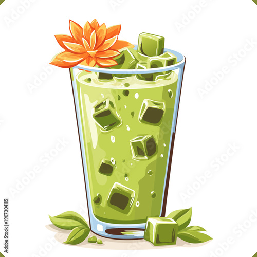 Vector illustration of iced matcha drink in tall glass with ice cubes, mint leaves and orange flower garnish, isolated on a white background. Refreshing beverage design