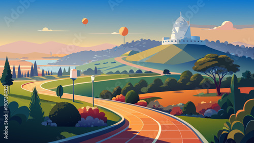 Very beautiful paved running trail around the Stanford Dish hills, with rolling landscapes, open sky, and distant campus skyline creating an active yet peaceful outdoor environment.