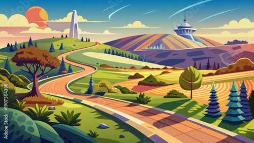 Very beautiful paved running trail around the Stanford Dish hills, with rolling landscapes, open sky, and distant campus skyline creating an active yet peaceful outdoor environment.