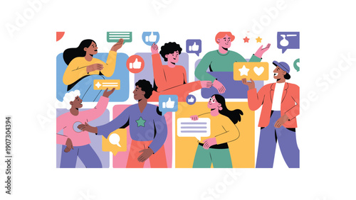 Diverse People Communicating with Speech Bubbles and Emojis