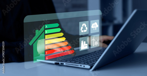 Rating efficiency energy and sustainable development eco house. Energy efficiency rating concept, eco home, ecological house renovation.