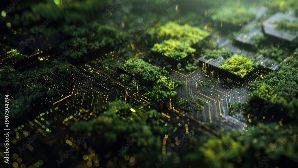 Fototapeta premium Green Tech: Nature Growing on Circuit Board