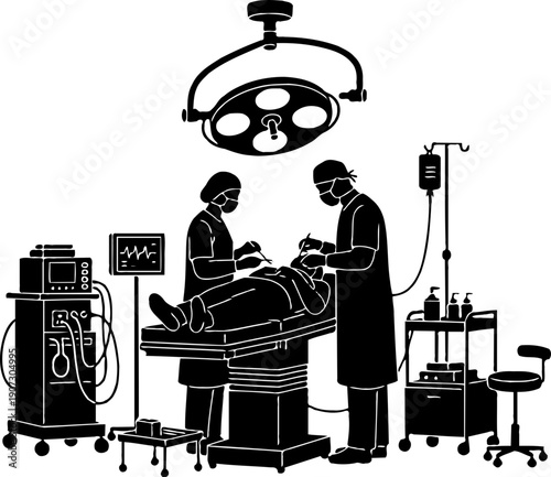 A medical illustration of two surgeons performing surgery on a patient in a hospital operating room with medical equipment silhouette on transparent background