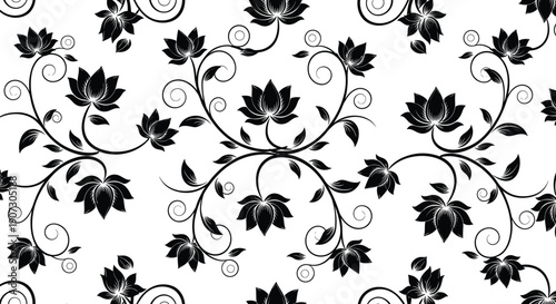 Seamless black and white floral pattern with lotus flowers and swirling vines in traditional oriental style for elegant decorative wallpaper.