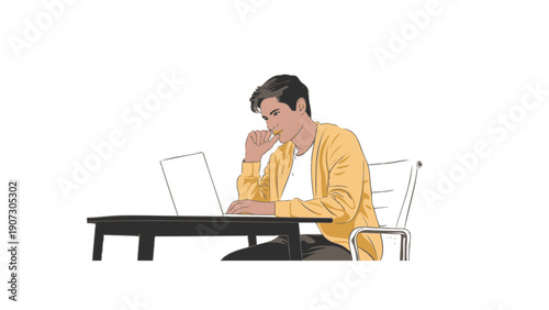Man Thinking on Laptop in Yellow Jacket