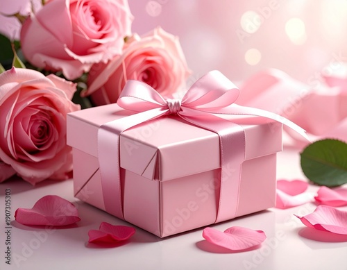 red rose and gift box on red background. concept and background for love - St. Valentine's Day