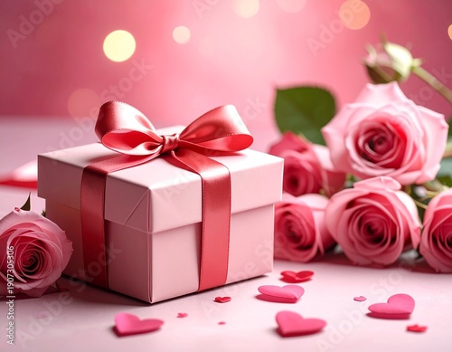 red rose and gift box on red background. concept and background for love - St. Valentine's Day