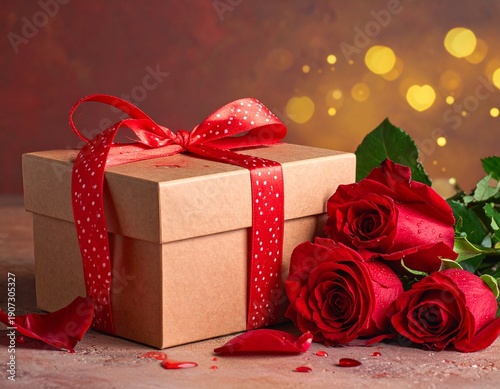red rose and gift box on red background. concept and background for love - St. Valentine's Day