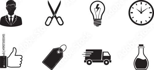Set of vector silhouette design icons with business time and object concepts