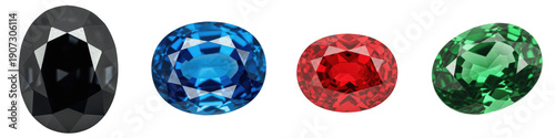 Fotografi Premium Faceted Gemstone Collection, Oval Cut Ruby, Sapphire, Emerald, and Black