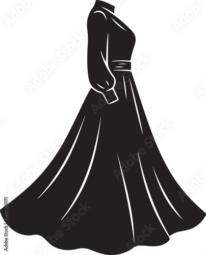Black Silhouette of a Formal Long Sleeve Dress with a Wide Skirt and Belt on White Background