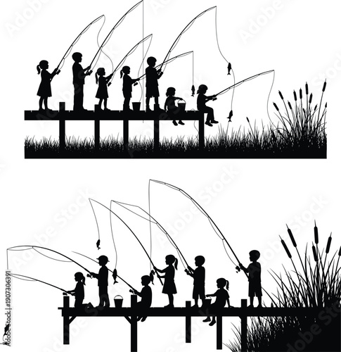 Silhouette of children fishing with rods on wooden pier at lake for outdoor summer recreation childhood leisure and hobby activities.