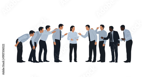 Businessmen in a line demonstrating progressive stages of a domino effect