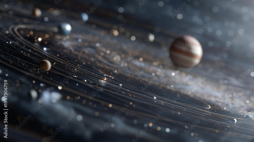 Fototapeta premium Stunning 3D illustration of a planetary system featuring complex orbits and vibrant planets reflecting unique textures. A colorful cosmic narrative unfolds with a dozen planets encapsulated in