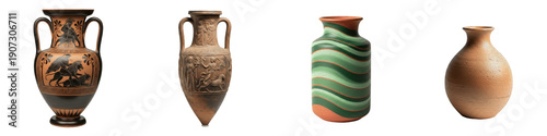 Set of Antique Clay Vases and Greek Amphorae, Ancient Pottery Collection for Historical and Interior Decor, Isolated PNG on White
