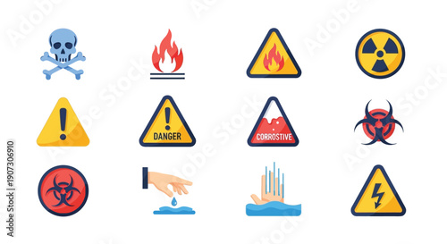 Collection of colorful warning and danger signs depicting various hazards