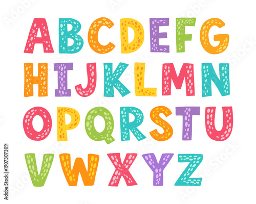 Alphabet letters A to Z, colorful dot pattern, dinosaur kawaii style, bright multicolored kids illustration set