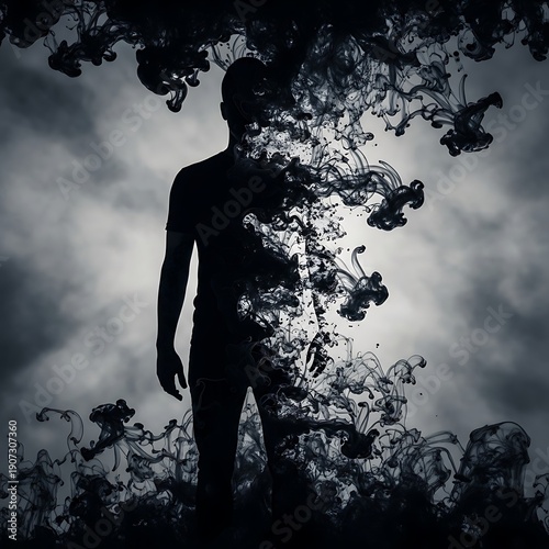 Silhouette of a person dissolving into dark, swirling plumes against a bright, cloudy backdrop