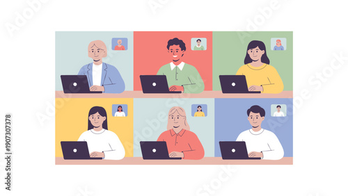 Diverse People Video Conferencing on Laptops in Colorful Office