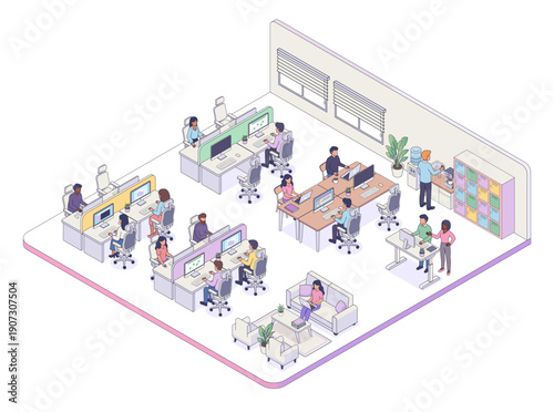 Isometric vector illustration of open space office interior. Corporate coworking scene with employees, workstations, meeting zone, and lounge for business web banner.