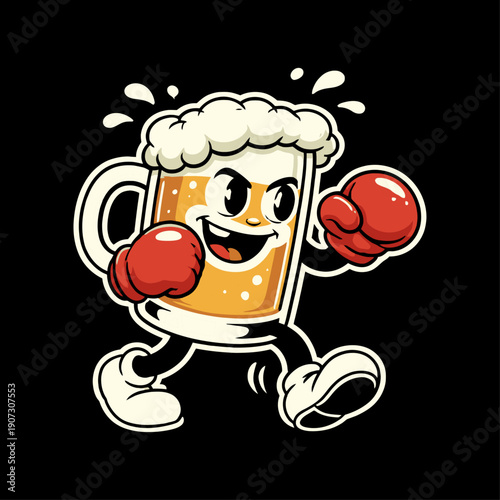 Retro cartoon beer mug mascot wearing boxing gloves ready to fight vintage vector
