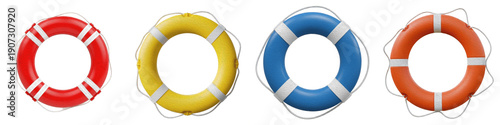 Set of Colorful Marine Lifebuoys with Safety Ropes, Nautical Life Ring Collection for Sea Rescue and Summer Decor, Isolated PNG on White
