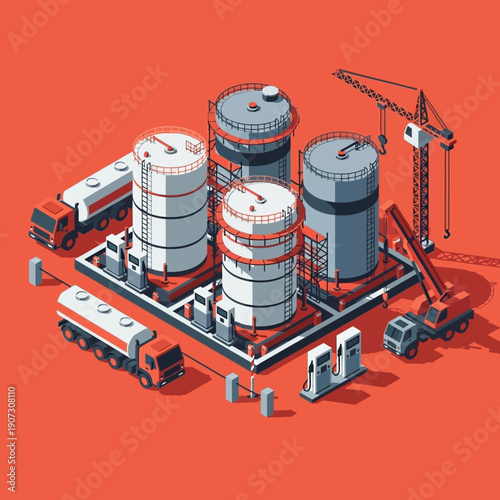 Industrial facility with storage tanks and construction equipment.