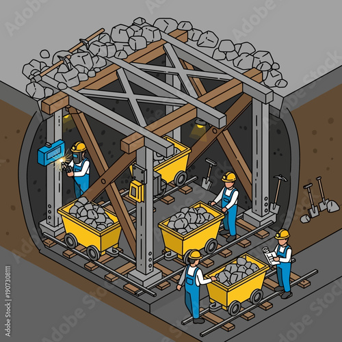 Underground mine workers loading coal into carts on railway tracks.