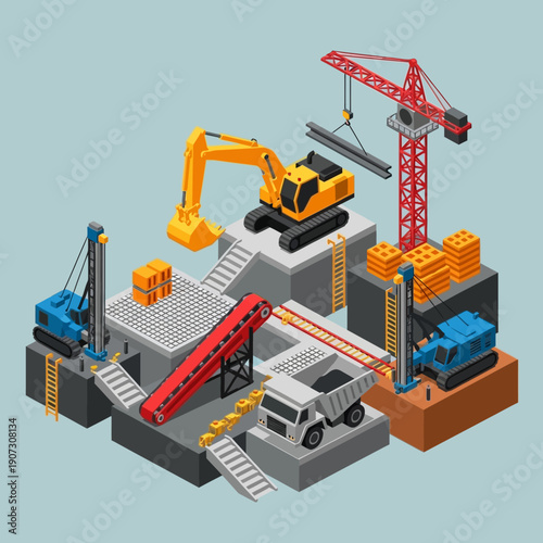 Isometric Construction Site with Heavy Machinery and Equipment.