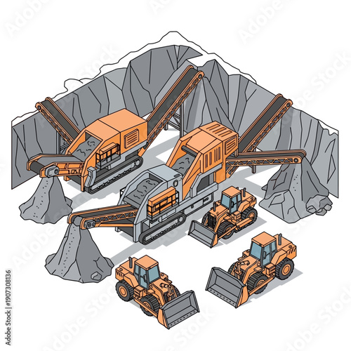 Heavy machinery operating in an open pit mine with loaders and excavators.