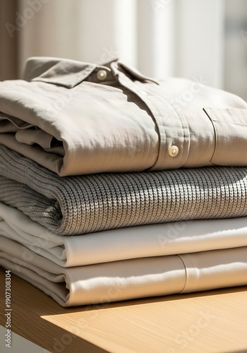 Neat stack of freshly laundered and folded garments rests upon a light wooden surface bathed in soft sunlight.