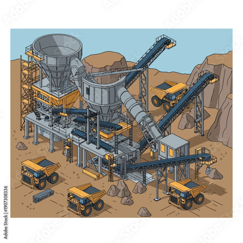 Industrial mining operation with machinery and vehicles.
