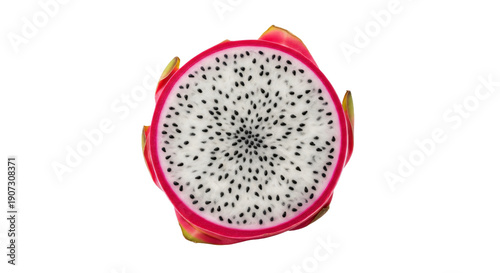 Foto Vibrant slice of dragon fruit with pink skin and white flesh speckled with black seeds, isolated on a transparent background