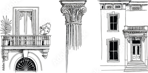 Classic architectural elements illustration balcony column facade vintage building details line art European exterior design ornamental historic structure drawing