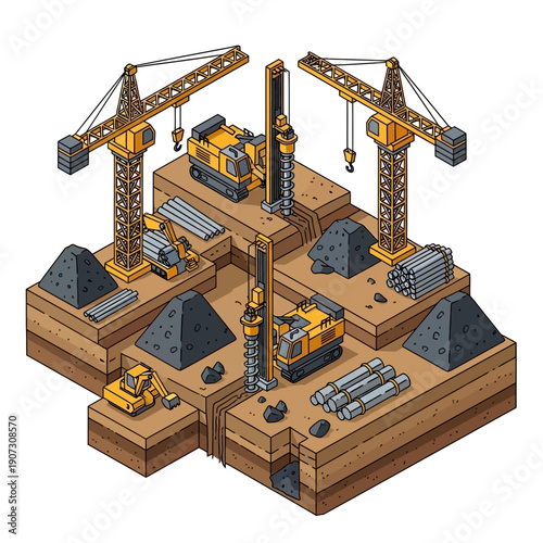 Isometric Construction Site with Heavy Machinery and Building Materials.