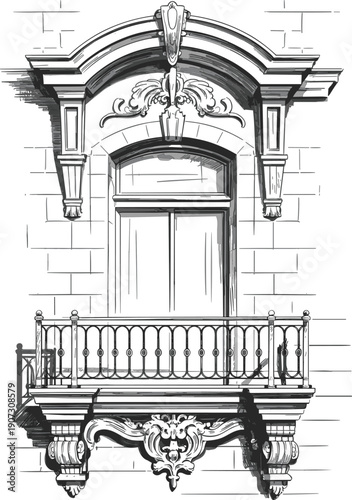 Ornate vintage balcony window facade architectural engraving classic European building exterior decorative iron railing historic baroque style illustration