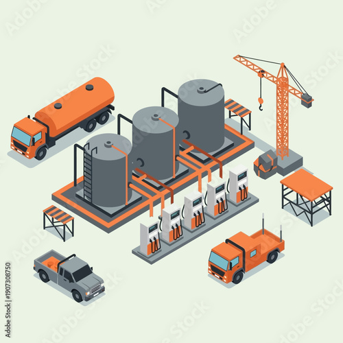 Industrial facility with tanks and trucks in operation.