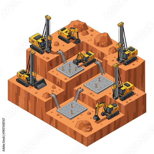 Isometric illustration of mining excavation process with heavy machinery.