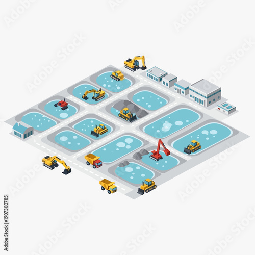 Wastewater treatment plant with various machinery and equipment.