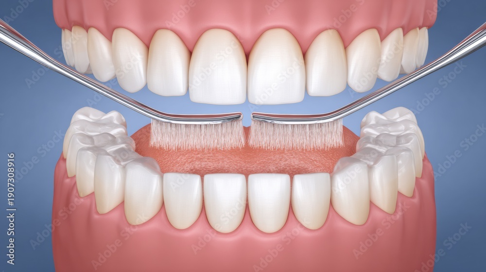 Obraz premium Proper Brushing Technique to Reduce Gingivitis Shown in Step-By-Step Visual With Clear Instructions and Clean Tools in a Dental Setting