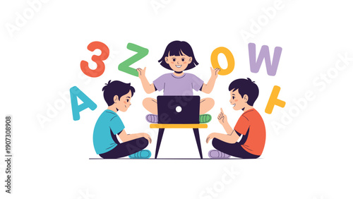 Children Learning Alphabet with Laptop