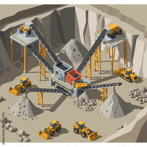 Quarry Mining Operation with Heavy Machinery and Conveyors.