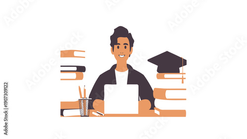 Young Man Studying with Laptop and Books for Graduation