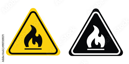 Caution: Fire Hazard Symbols: A pair of striking warning symbols, one in vibrant yellow and black and the other in sleek black and, clearly denoting the potential danger of fire. 