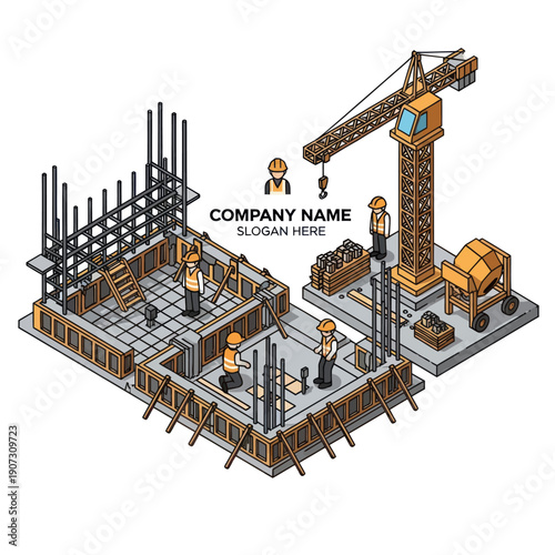 Construction Site with Crane and Workers.